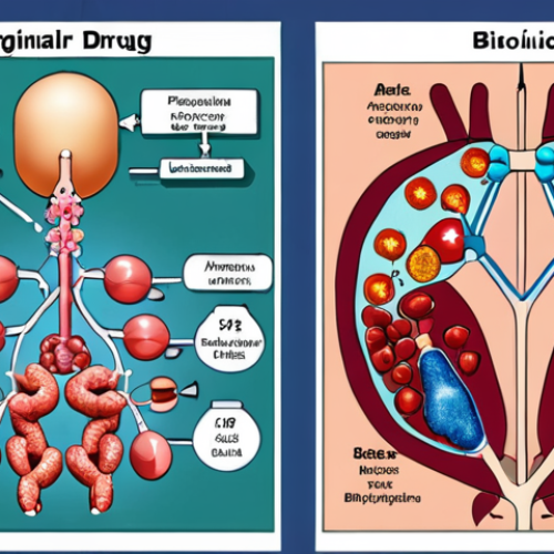 **

A side-by-side comparison of a biosimilar and the original biologic drug. Illustrate the complexity of biologic molecules, emphasizing the high similarity but not identical nature of the biosimilar. Use visual elements representing scientific analysis techniques like mass spectrometry and cellular assays. The setting should evoke a modern pharmaceutical research lab.

**