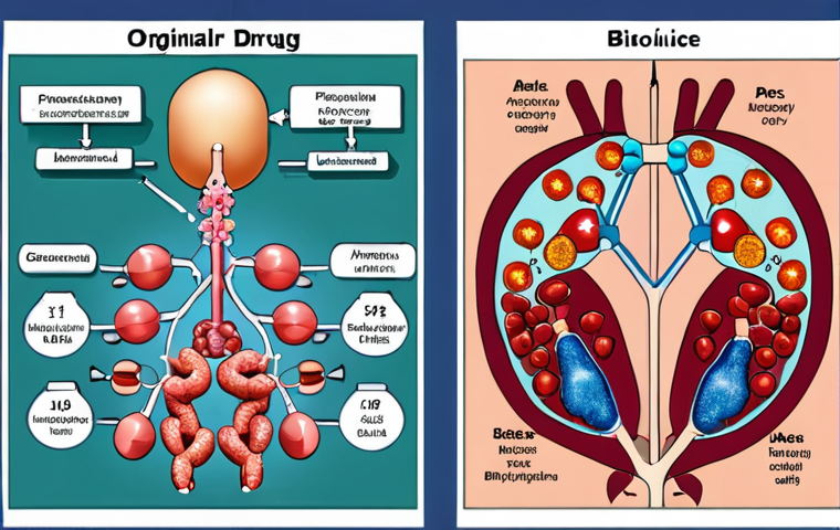 **
A side-by-side comparison of a biosimilar and the original biologic drug. Illustrate the complexity of biologic molecules, emphasizing the high similarity but not identical nature of the biosimilar. Use visual elements representing scientific analysis techniques like mass spectrometry and cellular assays. The setting should evoke a modern pharmaceutical research lab.
**