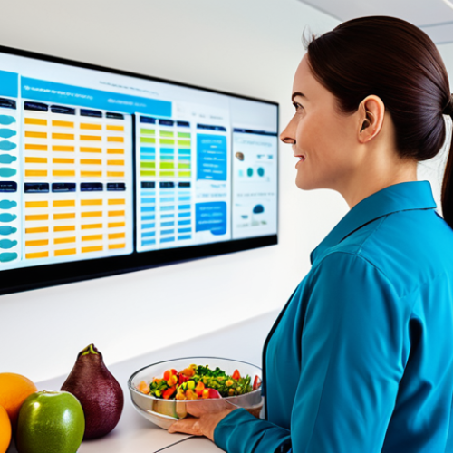 A focused individual, fully clothed in professional, modest attire, stands in a brightly lit, modern wellness center. They are observing a sophisticated holographic display that projects personalized nutritional and fitness data, showing a balanced meal plan and recommended exercise routines tailored to their unique genetic profile. The display incorporates subtle DNA helix patterns and vibrant, easy-to-understand infographics. The individual has perfect anatomy, correct proportions, natural pose, well-formed hands, and proper finger count. The scene emphasizes personalized health and vitality, safe for work, appropriate content, professional, family-friendly, high-quality studio photography, cinematic lighting.