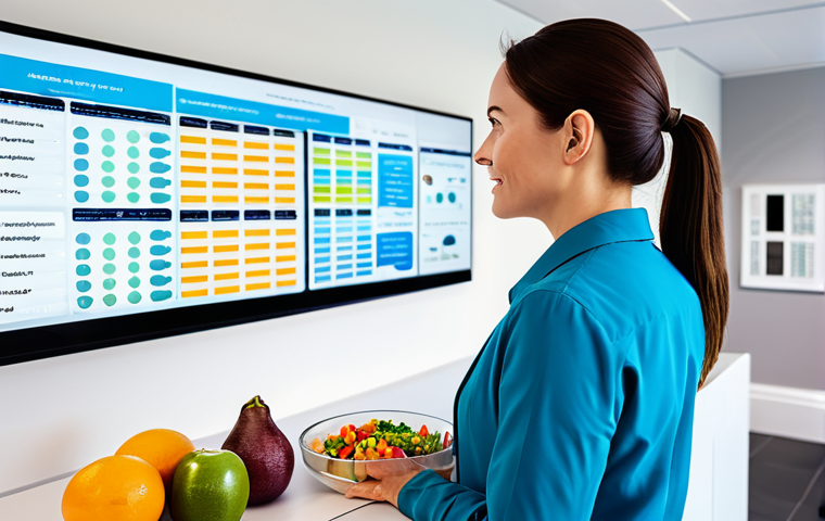 A focused individual, fully clothed in professional, modest attire, stands in a brightly lit, modern wellness center. They are observing a sophisticated holographic display that projects personalized nutritional and fitness data, showing a balanced meal plan and recommended exercise routines tailored to their unique genetic profile. The display incorporates subtle DNA helix patterns and vibrant, easy-to-understand infographics. The individual has perfect anatomy, correct proportions, natural pose, well-formed hands, and proper finger count. The scene emphasizes personalized health and vitality, safe for work, appropriate content, professional, family-friendly, high-quality studio photography, cinematic lighting.
