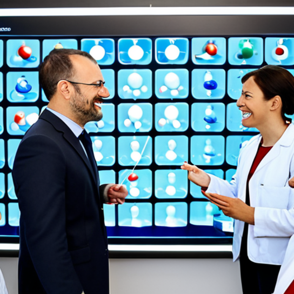 **

"A diverse group of people, including doctors and patients, are gathered around a digital display showing a simplified diagram of a biological molecule and its biosimilar counterpart. The setting is a bright, modern pharmacy in Paris. Everyone is smiling and engaged in a friendly discussion about healthcare. Fully clothed, professional attire, safe for work, appropriate content, perfect anatomy, natural proportions, professional, family-friendly."

**