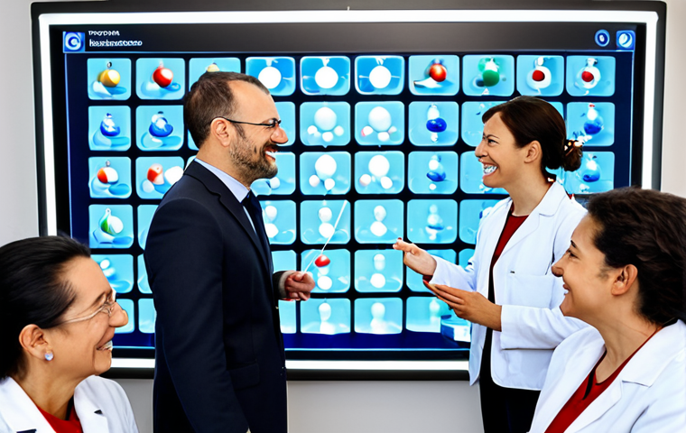 **
"A diverse group of people, including doctors and patients, are gathered around a digital display showing a simplified diagram of a biological molecule and its biosimilar counterpart. The setting is a bright, modern pharmacy in Paris. Everyone is smiling and engaged in a friendly discussion about healthcare. Fully clothed, professional attire, safe for work, appropriate content, perfect anatomy, natural proportions, professional, family-friendly."
**