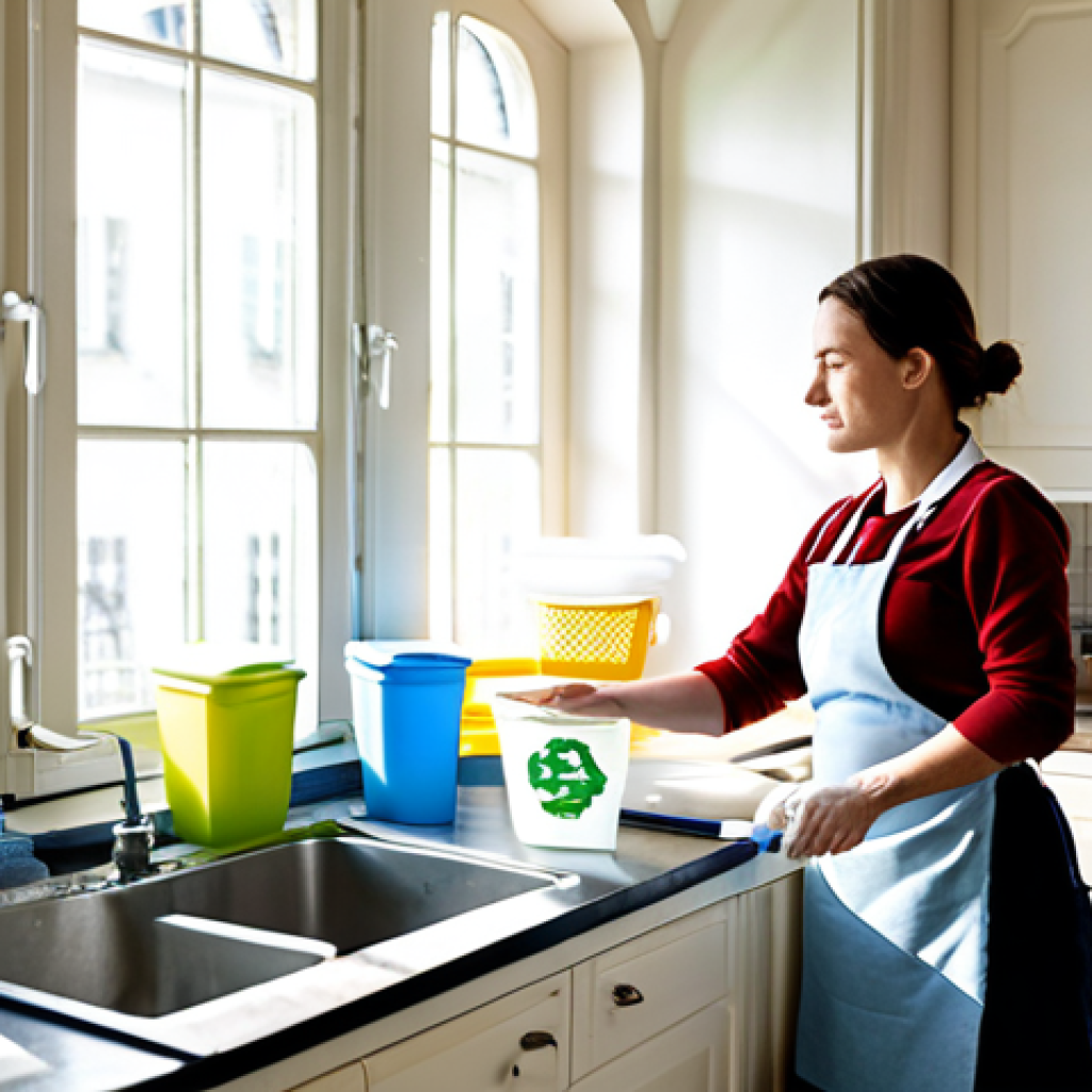 Sustainable Kitchen**

"A bright and airy French kitchen with a designated recycling corner featuring labeled bins for paper, plastic, and glass. A woman in an apron is rinsing an empty yogurt container. Sunlight streams through the window. Safe for work, appropriate content, fully clothed, professional photography, perfect anatomy, correct proportions, natural pose, high quality, modest."

**