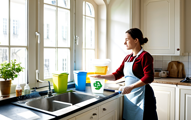Sustainable Kitchen**
"A bright and airy French kitchen with a designated recycling corner featuring labeled bins for paper, plastic, and glass. A woman in an apron is rinsing an empty yogurt container. Sunlight streams through the window. Safe for work, appropriate content, fully clothed, professional photography, perfect anatomy, correct proportions, natural pose, high quality, modest."
**