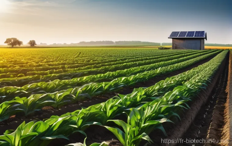 기후 변화와 바이오테크 - **Prompt:** A serene and vibrant rural landscape showcasing advanced sustainable agriculture. In the...