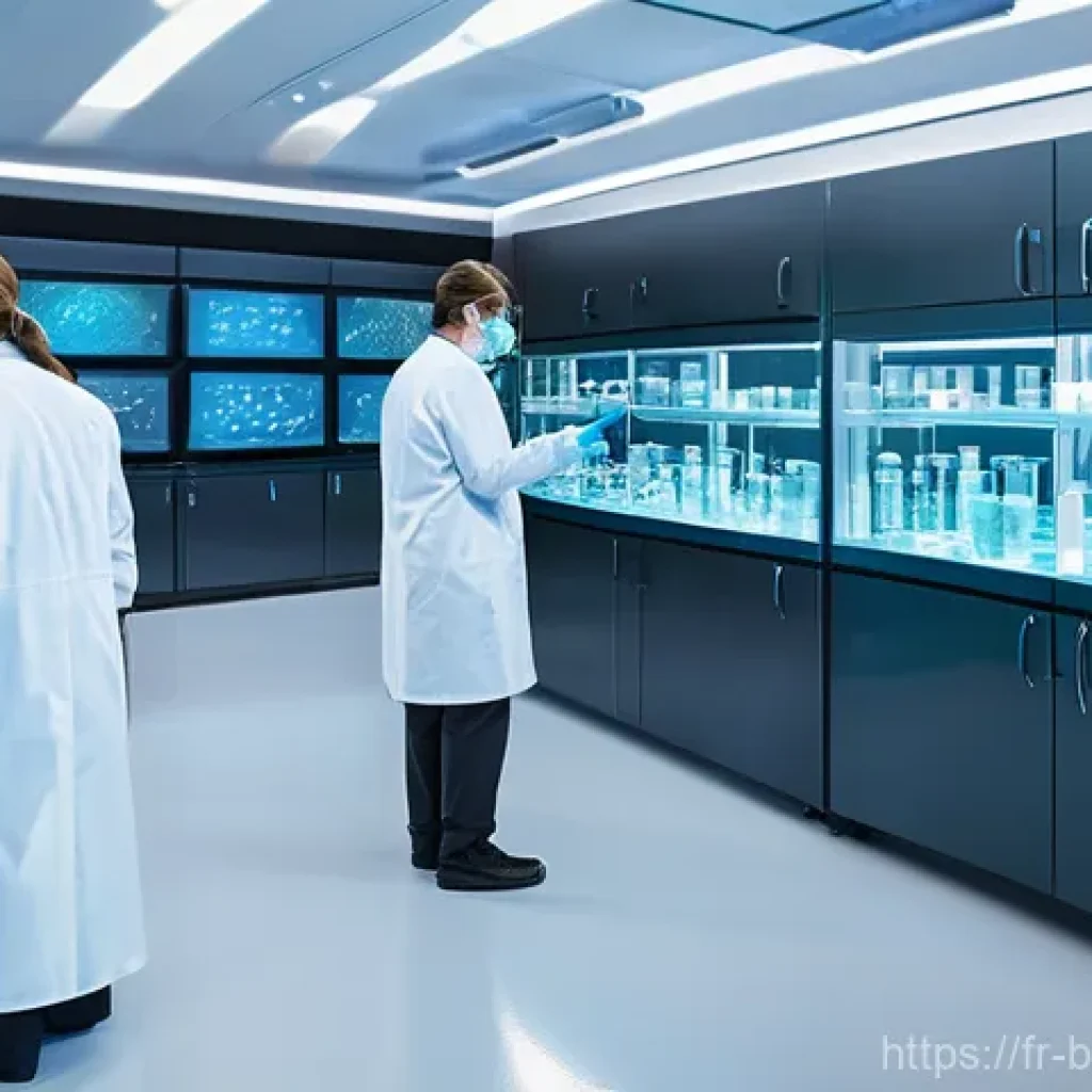 바이오테크 스타트업 - A vibrant and futuristic biotechnology lab, bustling with a diverse group of young, energetic scient...