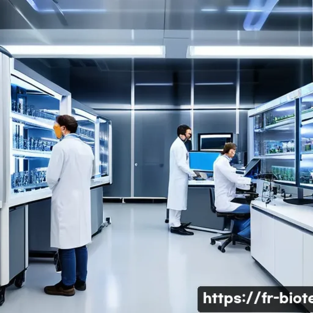 생명공학 연구소 - A state-of-the-art biotechnology laboratory scene in France, showcasing advanced CRISPR gene-editing...