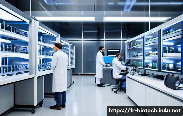 생명공학 연구소 - A state-of-the-art biotechnology laboratory scene in France, showcasing advanced CRISPR gene-editing...