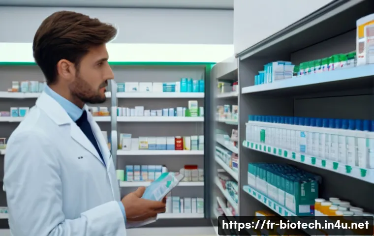 의약품 특허 만료 - A modern pharmacy interior in France showcasing a diverse selection of original branded medications ...