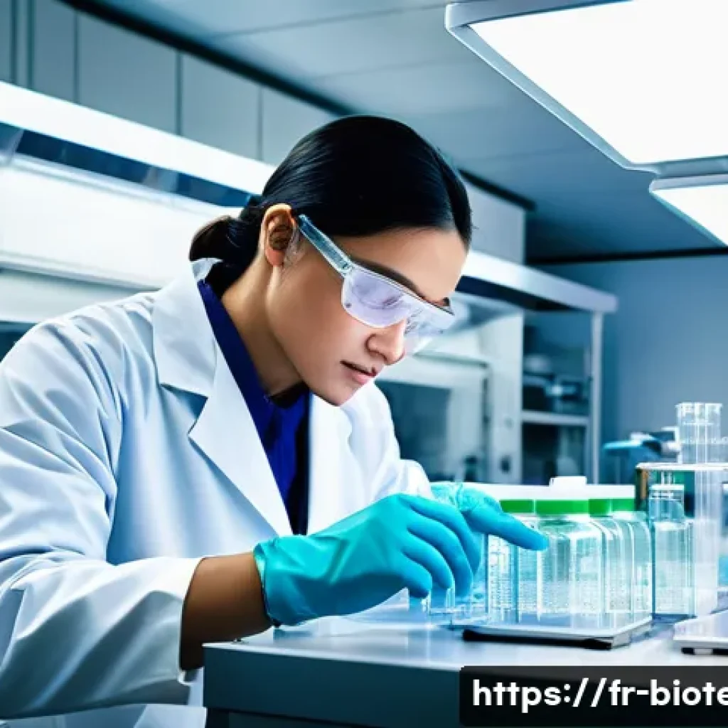 세포 배양 기술 - A high-tech biomedical laboratory scene showing a scientist wearing gloves working with a CO2 incuba...