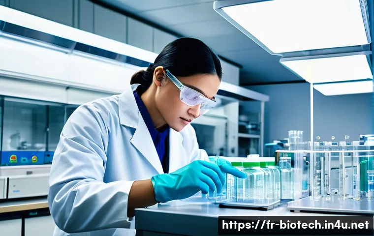 세포 배양 기술 - A high-tech biomedical laboratory scene showing a scientist wearing gloves working with a CO2 incuba...