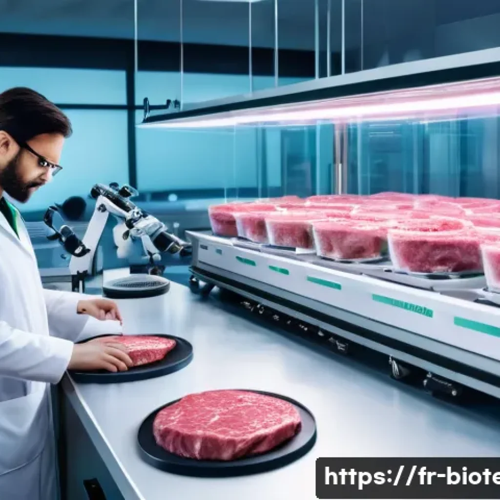배양육 연구 개발 - A futuristic laboratory scene showcasing cultured meat production: a clean, high-tech lab environmen...