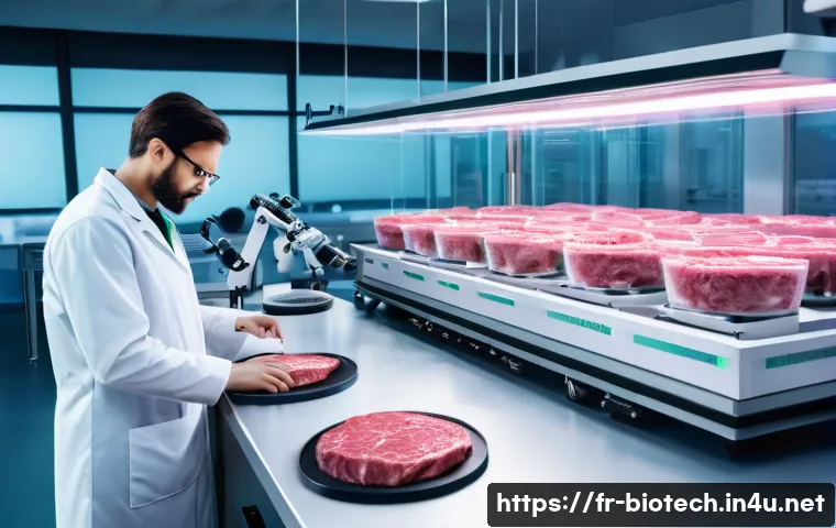 배양육 연구 개발 - A futuristic laboratory scene showcasing cultured meat production: a clean, high-tech lab environmen...