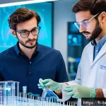 제약회사와 바이오테크 회사 차이 - A high-tech biotech startup laboratory scene, featuring a diverse team of young scientists in modern...