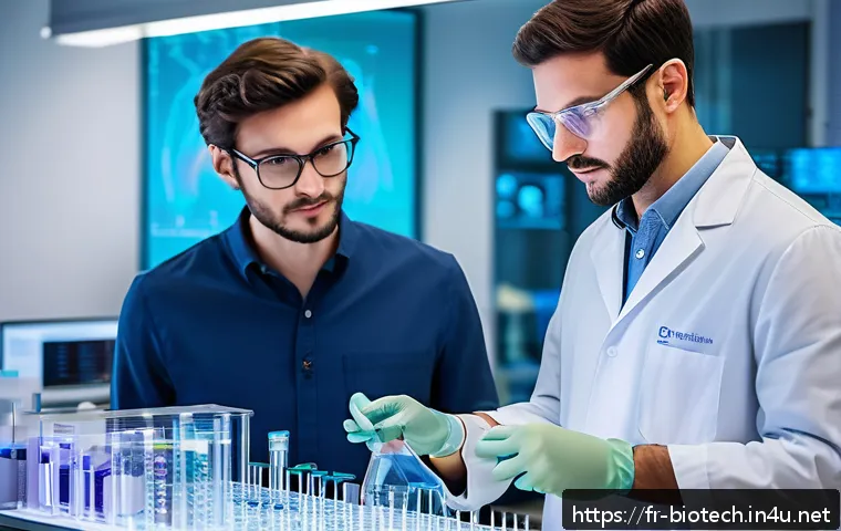 제약회사와 바이오테크 회사 차이 - A high-tech biotech startup laboratory scene, featuring a diverse team of young scientists in modern...