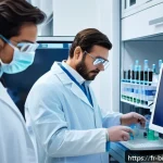 mRNA 백신 - A modern pharmaceutical laboratory scene showing diverse scientists in lab coats and safety glasses ...