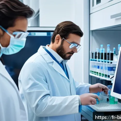 mRNA 백신 - A modern pharmaceutical laboratory scene showing diverse scientists in lab coats and safety glasses ...