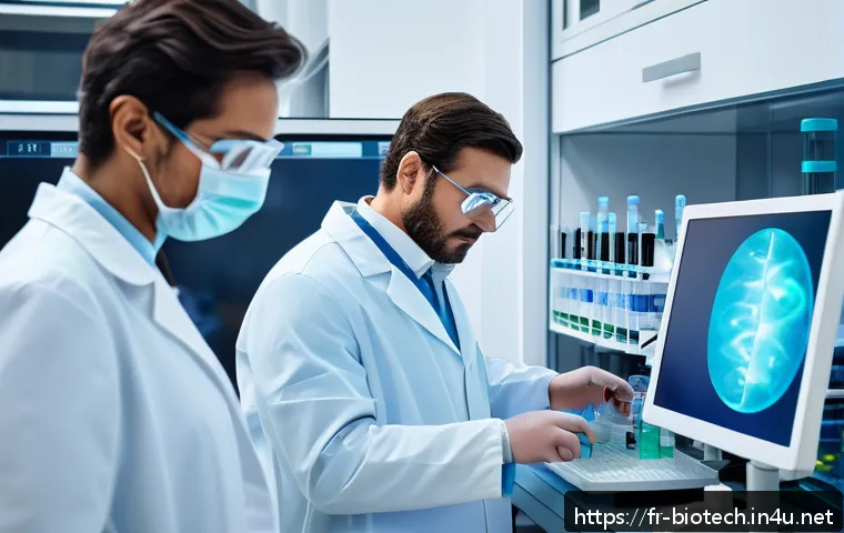 mRNA 백신 - A modern pharmaceutical laboratory scene showing diverse scientists in lab coats and safety glasses ...