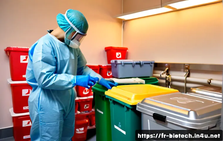 Home 15 바이오해저드 관리 - Photorealistic hospital biohazard waste management scene in France, a trained healthcare worker wear...