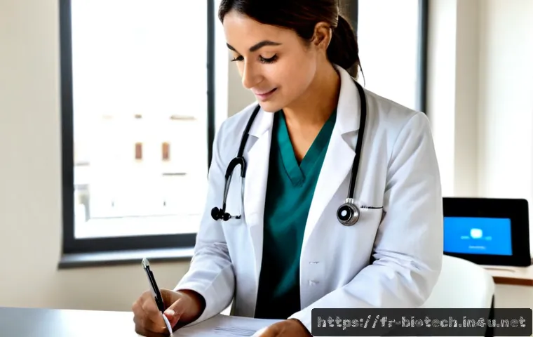 Home 15 임상 시험 - Photorealistic clinical trial consultation in a modern French hospital, diverse adult volunteer seat...