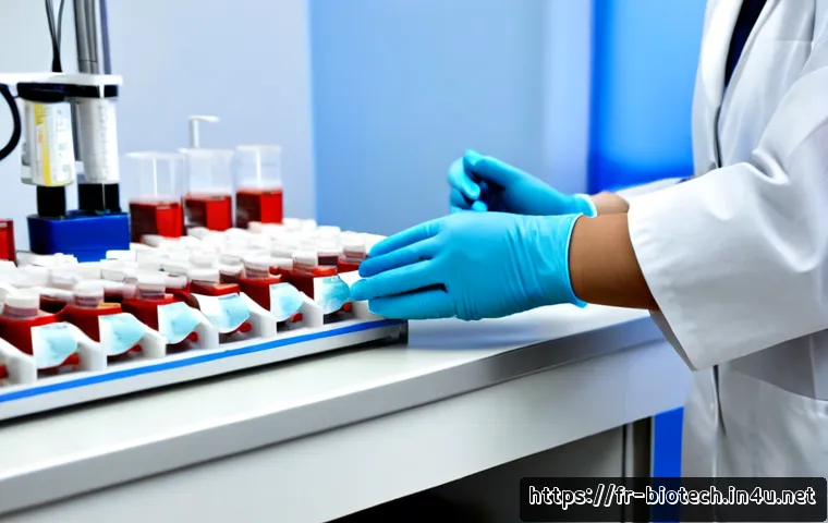 혈액 기반 진단 - Photorealistic clinical blood-based diagnostic scene in a modern French medical laboratory, close-up...